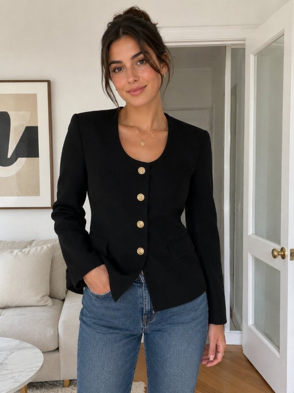 NWT Zara Black Tailored Round Neck Blazer with Gold Buttons - Size L